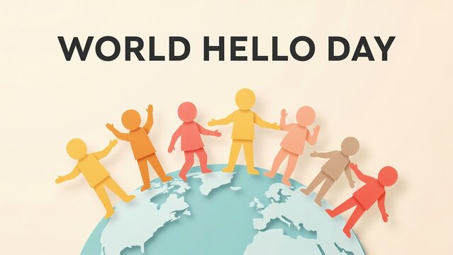 World hello day celebration with diverse happy people holding hands around the planet earth globe
