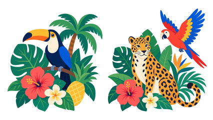 Fototapeta premium Tropical toucan and jaguar with a flying macaw and jungle foliage
