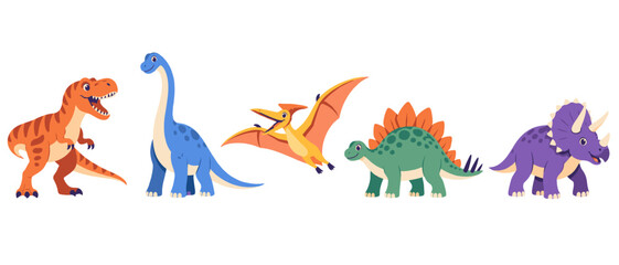 Cute cartoon dinosaurs in a colorful prehistoric lineup © Andrei