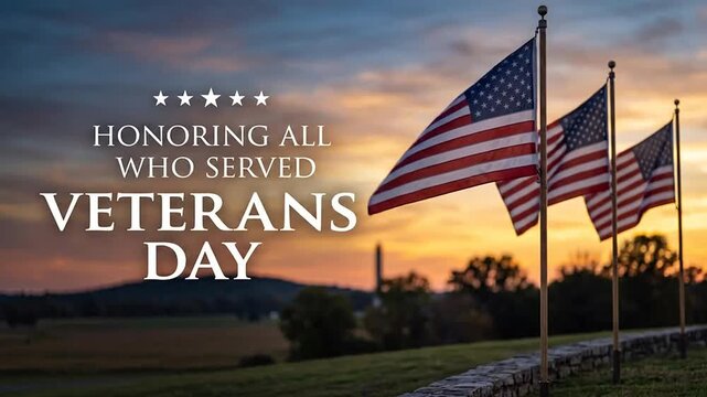 American national flags waving on poles during sunset with memorial day text