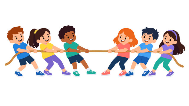 Cartoon children competing in a tug of war game