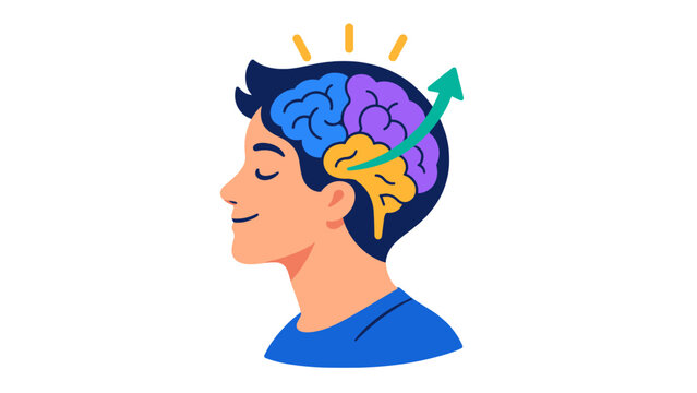 Human profile with colorful brain and rising arrow
