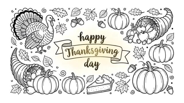 Animated Thanksgiving greeting with hand drawn turkey and pumpkins