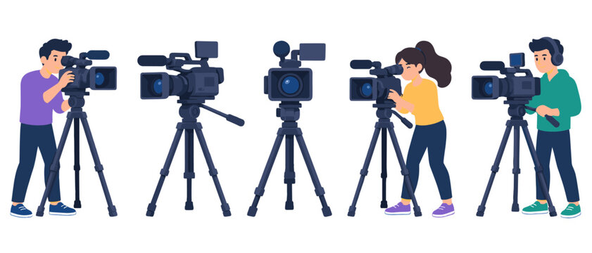 Camera operators filming with professional video cameras on tripods