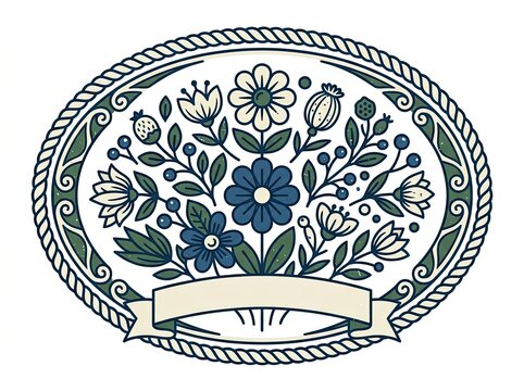 Oval floral emblem with rope border and banner
