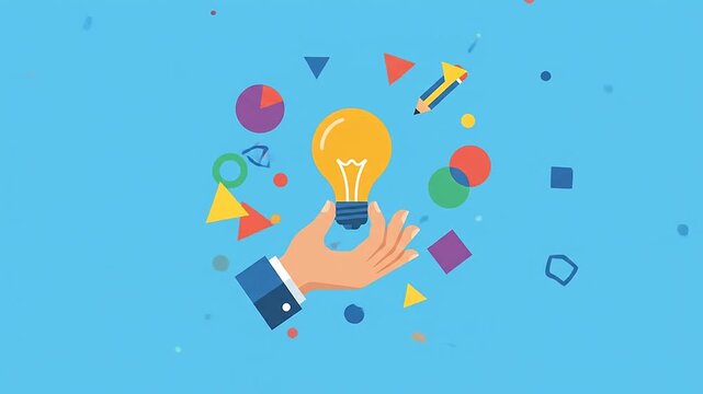 Hand holding a glowing light bulb with creative geometric shapes on blue