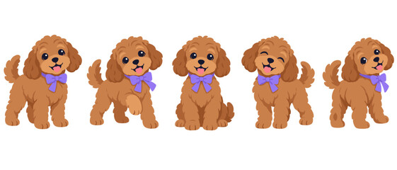 Obraz na płótnie Canvas Set of curly brown dogs wearing purple bow ties in playful poses