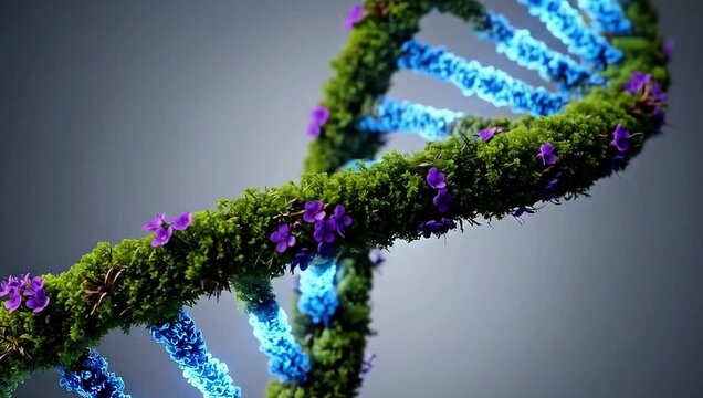 Dna double helix strand structure overgrown with lush green moss and small purple flowers representing genetic research and biology