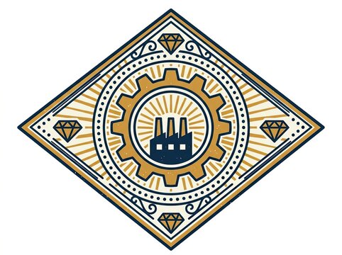 Diamond-shaped emblem with factory and gear icon