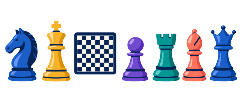 Colorful chess pieces and chessboard arranged in a row