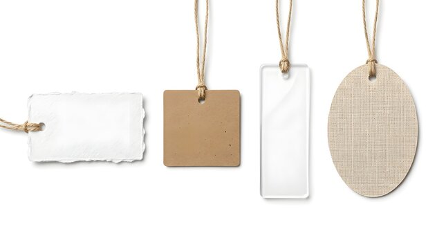 Assorted blank price tags with twine strings on white background
