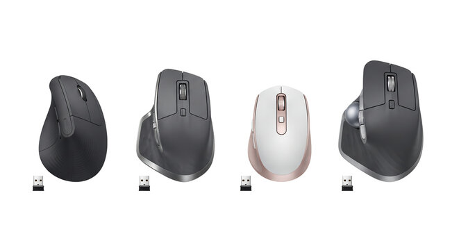 Four different professional computer mice in various styles arranged in a row on white background with wireless mouse white background