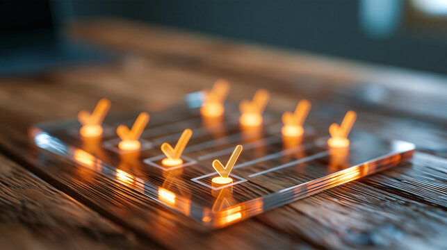 Transparent checklist panel resting on a natural wooden table with softly glowing orange approval symbols warm light grazing the grain and polished glass edges subdued neutral