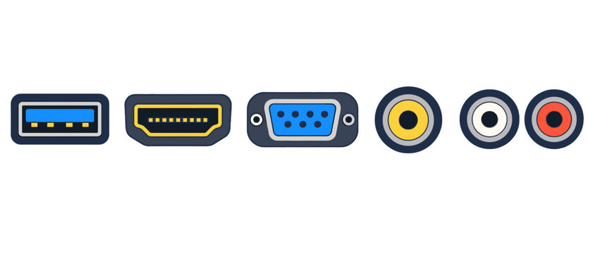 Set of USB HDMI serial and RCA connection ports