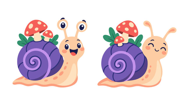 Cute cartoon snails with mushrooms and spiral shells