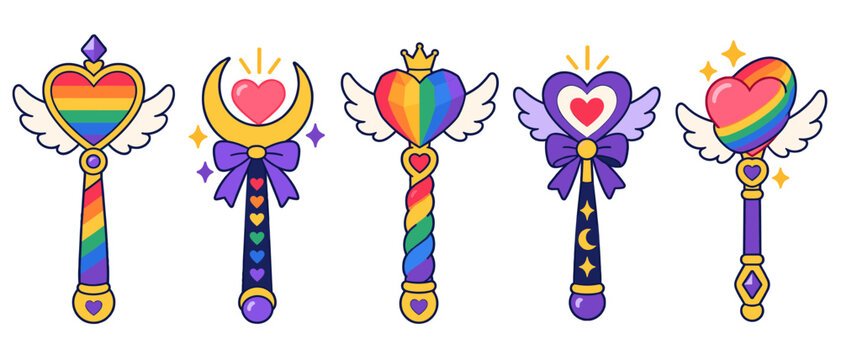 Set of colorful magic wands with hearts and decorative wings