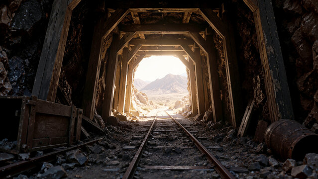 Abandoned Mine Shaft Tunnel with Timber Support Beams and Rail Tracks Leading Toward Bright Desert Sunlight   