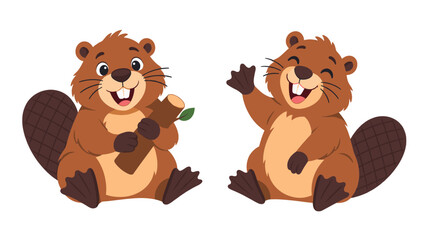 Cartoon beavers holding a log and waving © Andrei