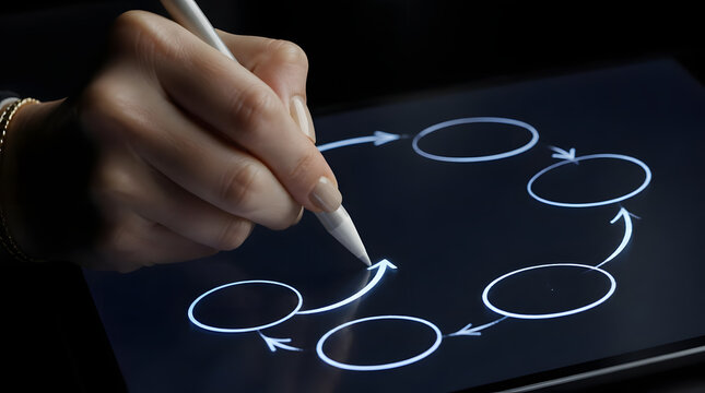 Womans Hand Drawing Flowchart on Tablet with Stylus