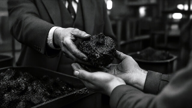 Factory worker handing a dark raw material sample to another person during industrial quality inspection in a vintage production facility