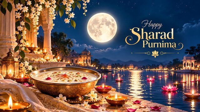 traditional indian kheer dessert under a full moon by a palace lake
