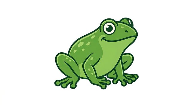 Green cartoon frog sitting with big eyes and smiling face