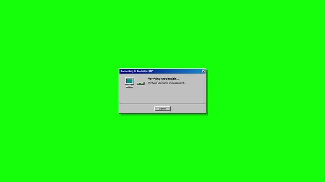 Dial Up Internet Connection Screen Displaying Globalnet Isp Login Process and 56k Modem Handshake on Green Screen