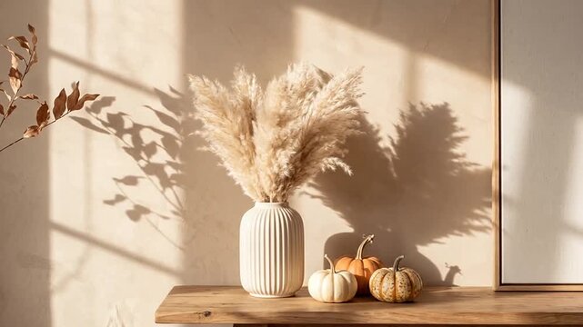 Cozy autumn interior scene with pampas grass in a white vase and small pumpkins on a rustic wooden console table against a sunlit beige wall