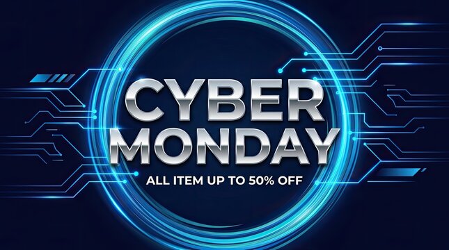 Cyber monday sale promotion with a glowing blue digital circuit background and discount text