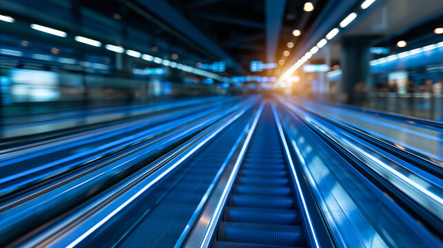 Soft motion blurred view of escalators descending into a modern metro concourse cool blue glass panels and silver handrails forming diagonal lines overhead lights stretching