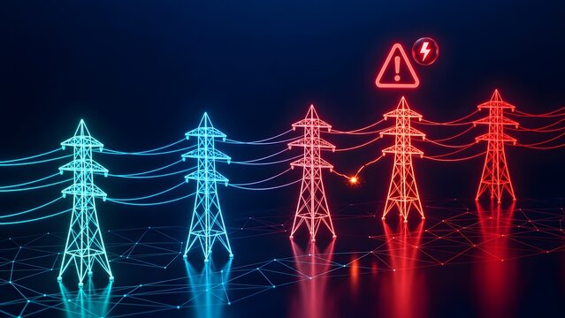 Glowing digital wireframe transmission towers transitioning from blue to red showing electrical grid failure system overload and power outage warning concept
