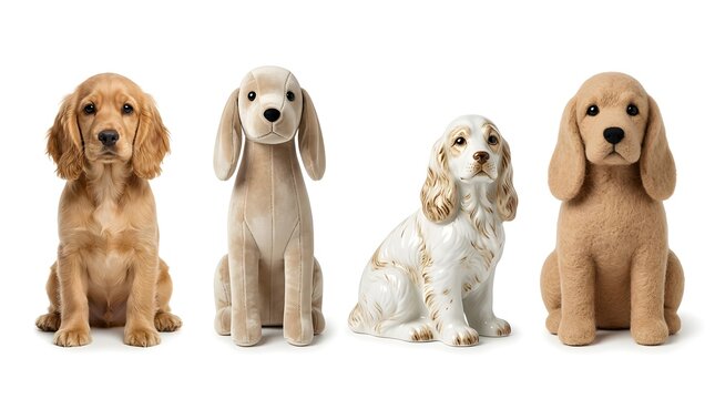 Four adorable cocker spaniel puppies, including one realistic, one plush toy, one porcelain figurine, and another plush toy, are arranged in a horizontal row on a clean white background