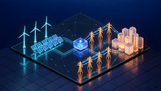 Isometric digital wireframe visualization displaying renewable energy storage battery system distributing electrical power to modern smart city buildings
