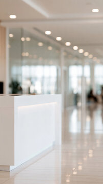 Softly defocused office lobby with a white reception counter and long glass corridor gentle window reflections and overhead light pools merging into a cool neutral background