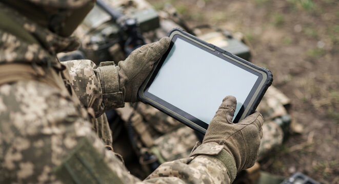 Military soldier in tactical gear holding a rugged digital tablet with empty blank screen against a neutral background.