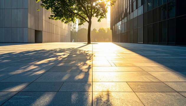 Tree standing between modern buildings in a sunlit urban pedestrian space
現代建築の間に立つ一本の木と夕日の光が差し込む都市歩行空間