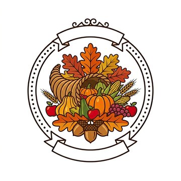 Autumn harvest emblem featuring cornucopia, pumpkins, apples, and colorful leaves in circular frame