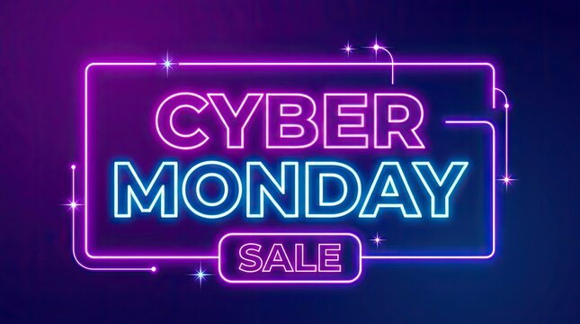 Vibrant neon sign displaying cyber monday sale offer with a dark purple and blue background for promotional use
