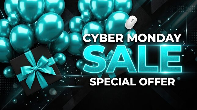 Cyber monday sale announcement with teal balloons and a gift bow on a dark background