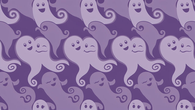 Seamless pattern of cute purple ghosts with happy faces isolated on a transparent background