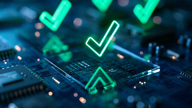 Close view of green neon checkmarks suspended on a transparent display above fine circuit patterns controlled reflections across the glass and softly blurred electronic