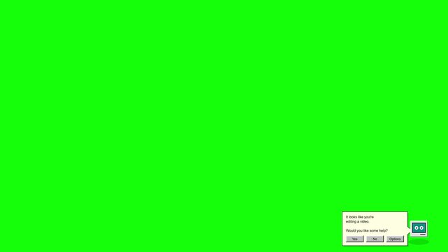 Retro Desktop Assistant Offering Video Editing Help User Clicks No on Green Screen Background