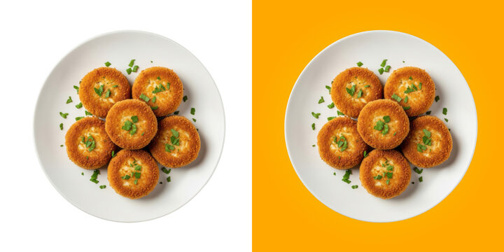 Fresh golden crispy breaded fish cakes served on a clean white round plate