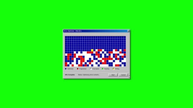 Disk Defragmentation Software Optimizing a Computer Hard Drive Display on a Green Screen