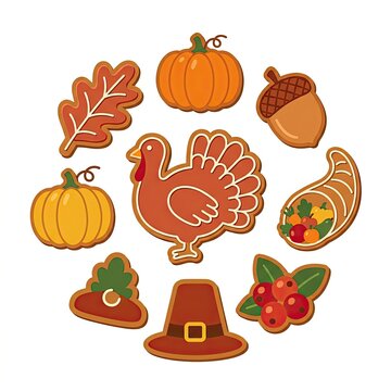 Thanksgiving holiday symbols including turkey, pumpkins, acorns and cornucopia