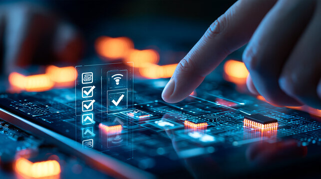 Close view of a hand touching a digital checklist above a softly illuminated circuit board pattern small contract and survey symbols beside verified checkboxes precise glass