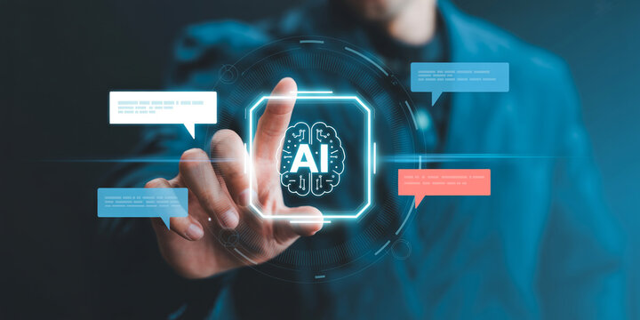 Artificial intelligence hologram with brain icon and chat bubbles for futuristic technology.