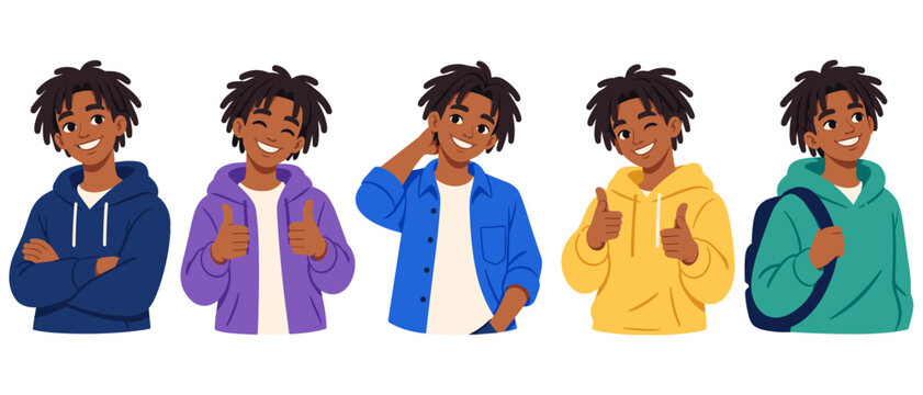Young men smiling in a row with varied casual poses