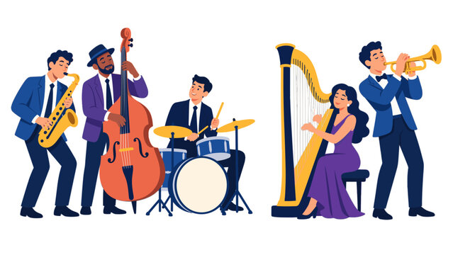 Jazz musicians performing with saxophone harp and upright bass