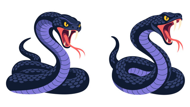 Two cartoon cobras hissing with fangs and forked tongues
